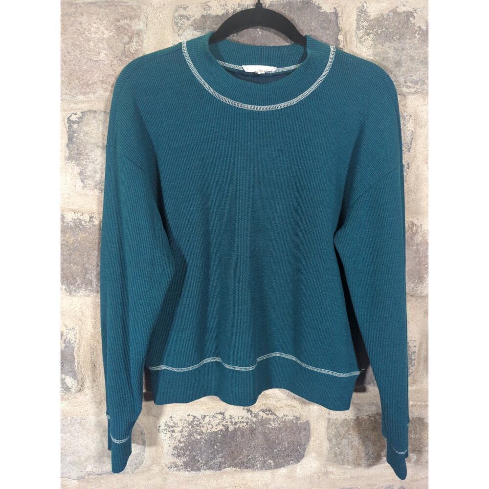 June & Hudson Top Woman's Small Teal Green White Stitch Waffle Knit Gorpcore
